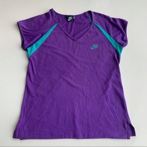 Nike Vintage T Shirt Short Sleeve Purple Turquoise V Neck Size Large